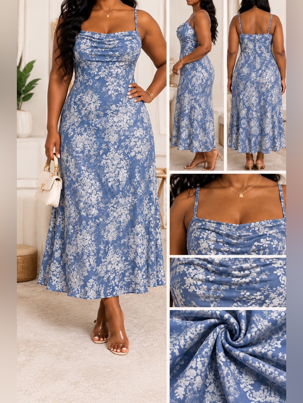 Floral Cowl Neck Blue Maxi Dress